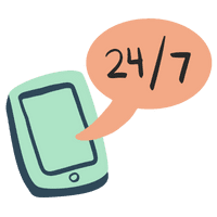 mobile phone with a speech bubble that says 24/7